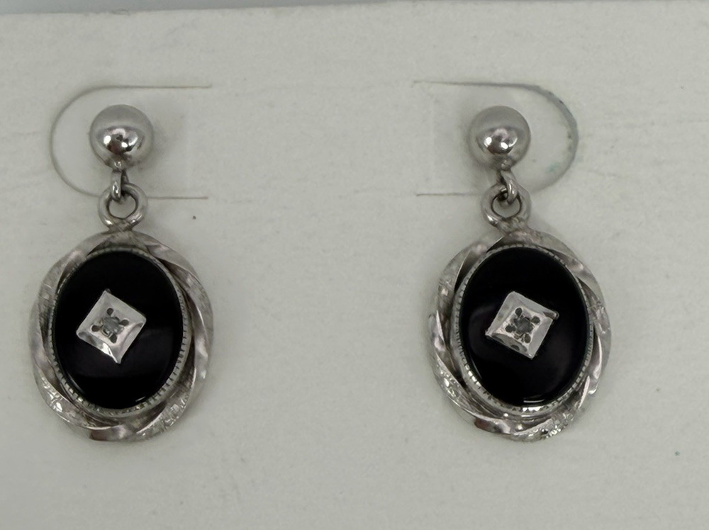 Vintage Black and Silver Tone Oval Drop Earrings Art Deco Style